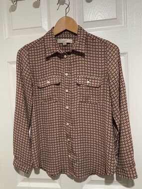 LOFT Brown & Cream Printed Button-Front Blouse